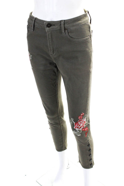 Driftwood Womens Mid Rise Button Trim Floral Embroidered Skinny Jeans Brown 28