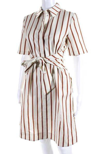 Jason Wu Womens Belted Short Sleeve Striped Button Down Shirt Dress Beige Size 0