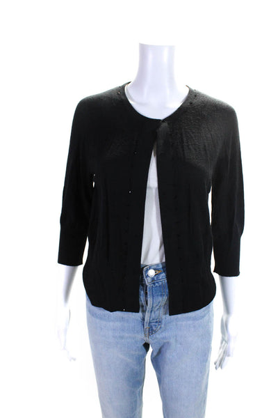 St. John Womens Black Wool Bedazzled Crew Neck Cardigan Sweater Top Size S