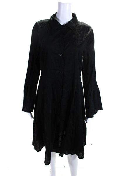 Designer Womens Black Cotton Collar Long Sleeve Bottom Shift Dress Size L