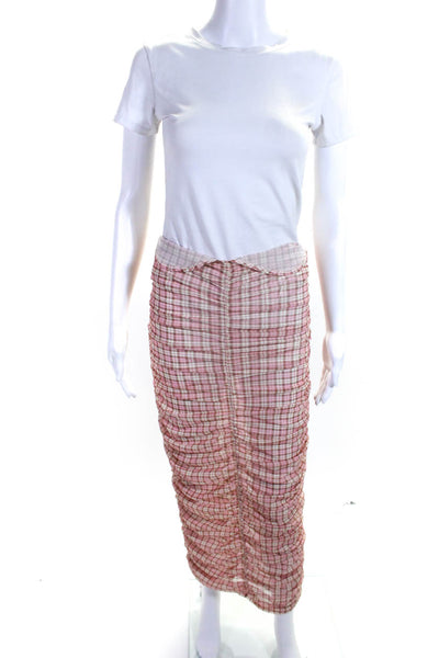 Miaou Womens Sheer Unlined Ruched Plaid Lightweight Maxi Skirt Pink Size L