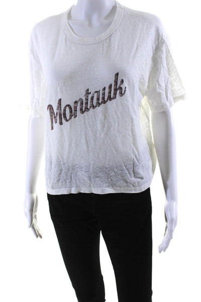 Monrow Womens Montauk Short Sleeve Graphic Top Tee Shirt White Linen Size Medium