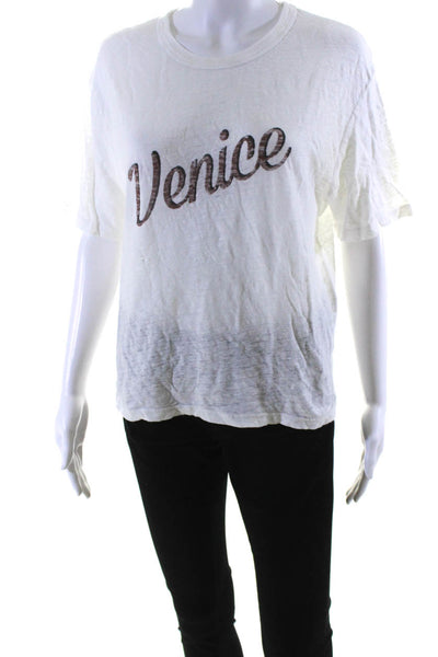 Monrow Womens Venice Short Sleeve Graphic Top Tee Shirt White Linen Size Medium