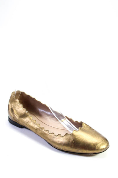 Chloe Womens Slip On Scalloped Metallic Lauren Ballet Flats Gold Leather Size 37