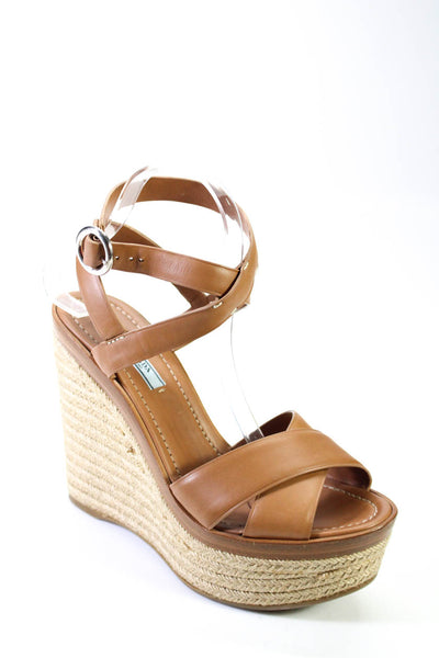 Prada Womens Leather Peep Toe Platform Ankle Strap Wedges Brown Size 9.5