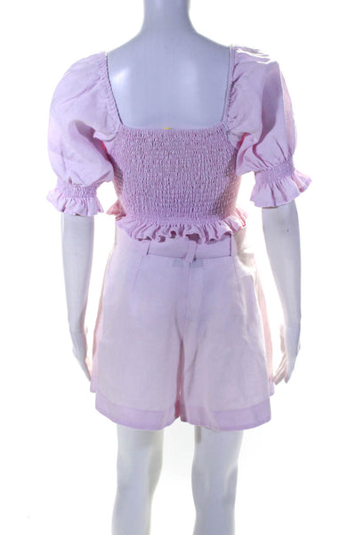 Faithfull The Brand Womens Linen Smocked Cropped Blouse Shorts Set Pink Size 4