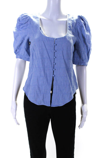 Intermix Womens Puffy Short Sleeves Button Down Shirt Blue Size Medium
