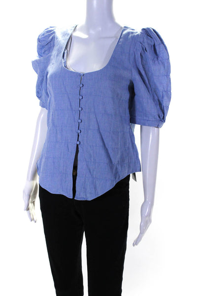 Intermix Womens Puffy Short Sleeves Button Down Shirt Blue Size Medium