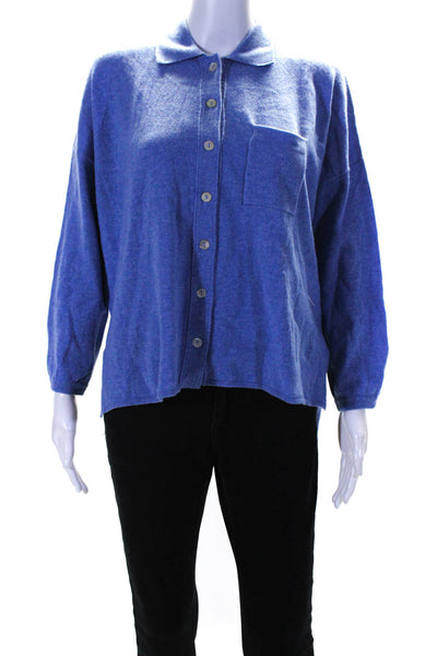 Douxdimanche Womens Cashmere Collared Long Sleeved Buttoned Cardigan Blue Size L