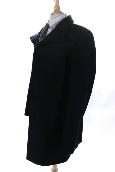 Theory Men's Long Sleeves Collared Pockets Long Coat Navy Blue Size XXL