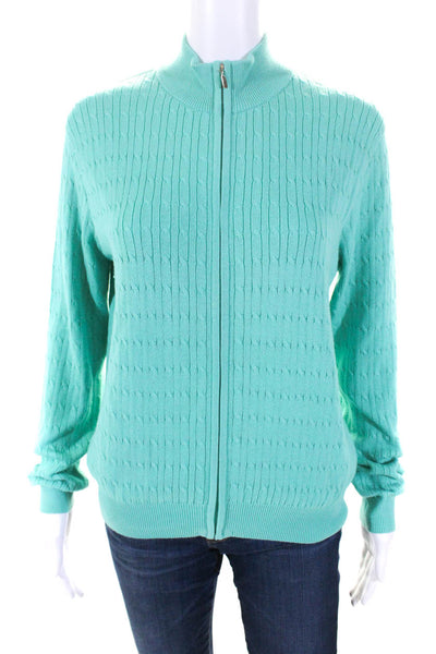 Astra Classic Womens Teal Cotton Cable Knit Full Zip Cardigan Sweater Top Size M