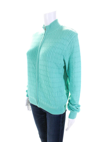 Astra Classic Womens Teal Cotton Cable Knit Full Zip Cardigan Sweater Top Size M