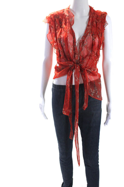 See by Chloe Womens Bright Red Sheer Floral Belt Short Sleeve Blouse Top Size 6