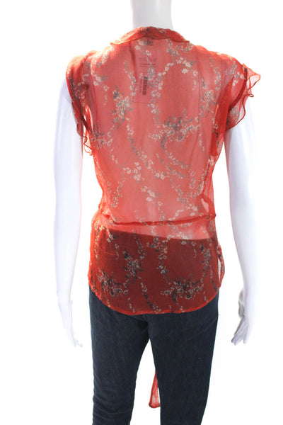See by Chloe Womens Bright Red Sheer Floral Belt Short Sleeve Blouse Top Size 6