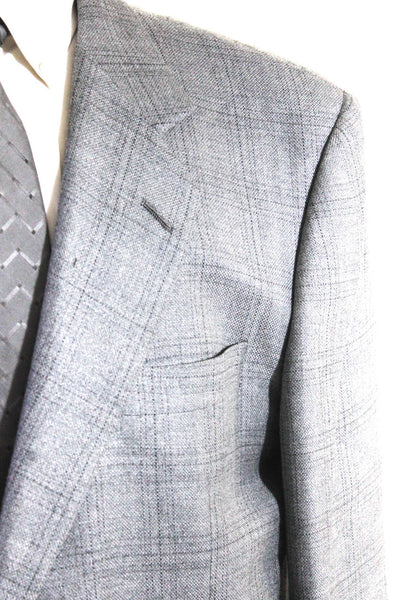 Hickey Freeman Mens Gray Wool Silk Plaid Two Button Long Sleeve Blazer Size 43L