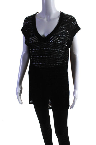 St. John Sport Womens Short Sleeve V Neck Open Knit Top Black Size Medium