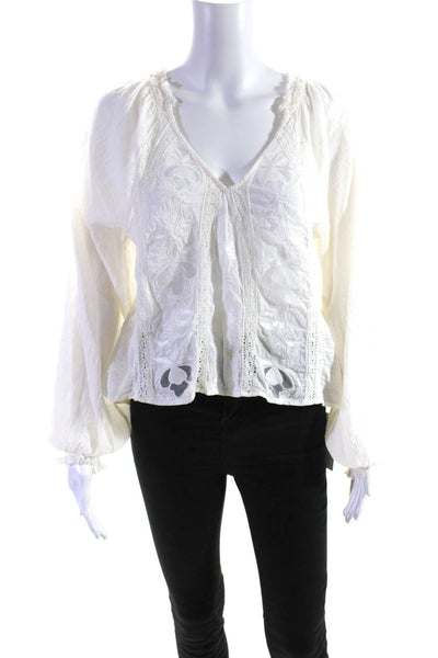 Free People Womens Long Sleeve Lace Trim High Low Top White Cotton Size Small