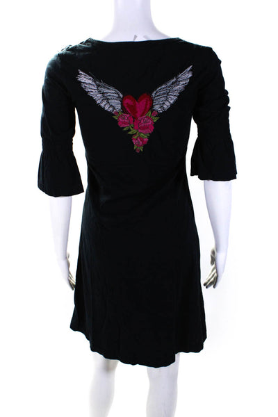 JWLA Womens Cotton Floral Embroidered V-Neck 1/2 Sleeve Tunic Dress Black Size S