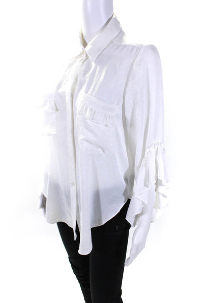 Misa Womens Satin Ruffled Long Sleeve Button Down Blouse Top White Size XS