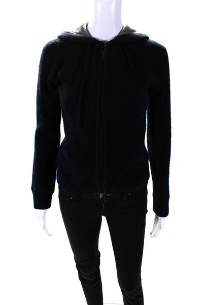 Vince Womens Wool Zipped Long Sleeve Knit Hooded Sweater Jacket Blue Size L