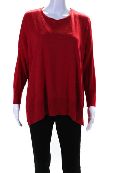 Mersea Womens Bright Red Crew Neck Long Sleeve Slit Pullover Sweater Top Size OS