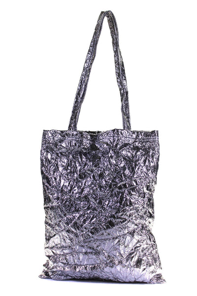 Sies Marjan Womens Double Handle Medium Crinkled Tote Handbag Silver Tone