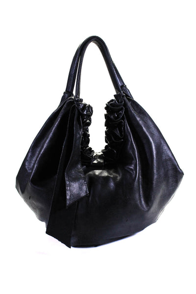 Elie Tahari Womens Double Handle Ruffled Large Hobo Handbag Black Leather