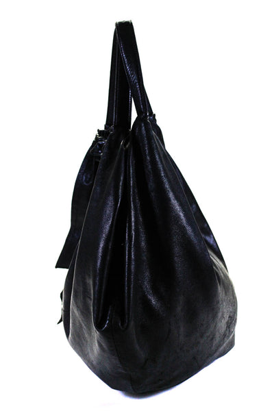 Elie Tahari Womens Double Handle Ruffled Large Hobo Handbag Black Leather
