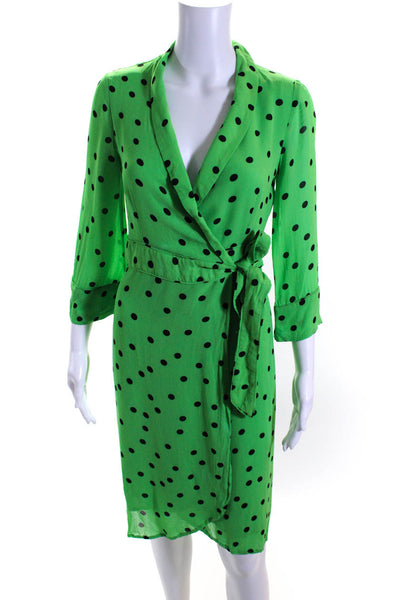 Ganni Womens Polka Dot Long Sleeved V Neck Tied Wrap Dress Green Black Size 34