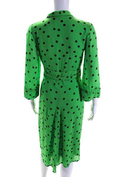 Ganni Womens Polka Dot Long Sleeved V Neck Tied Wrap Dress Green Black Size 34