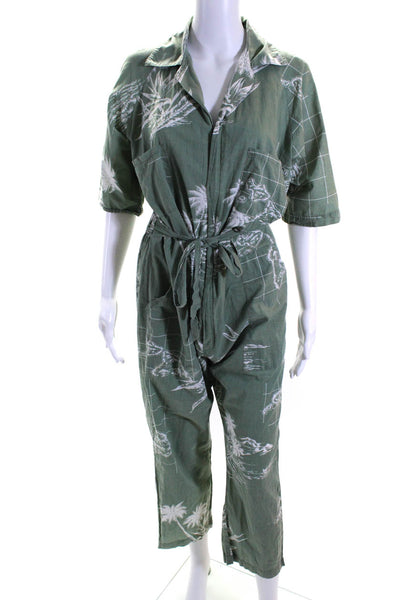 Paradised Womens Cotton Palm Tree Print Front Zip Straight Jumpsuit Green Size S