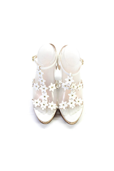 Oscar de la Renta Womens White Floral T-Strap Wedge Heels Sandals Shoes Size 8