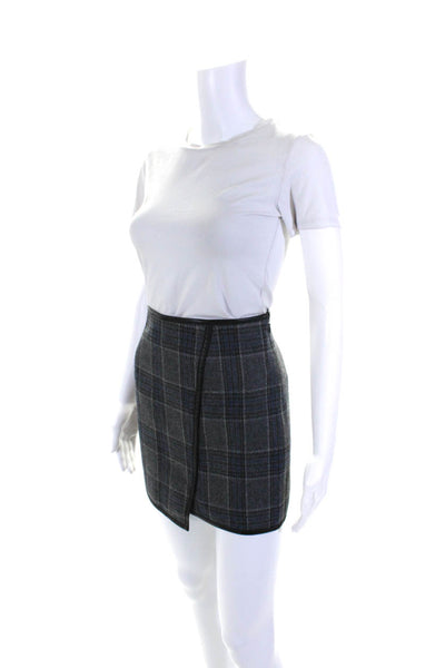 Tibi Womens Lined Wool Leather Trim Plaid Zip Up Mini Skirt Gray Size 4