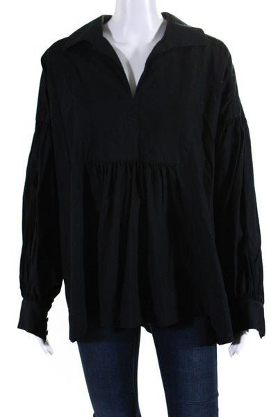 Lee Mathews Womens Cotton Collar Long Sleeve Babydoll Blouse Top Navy Size 2