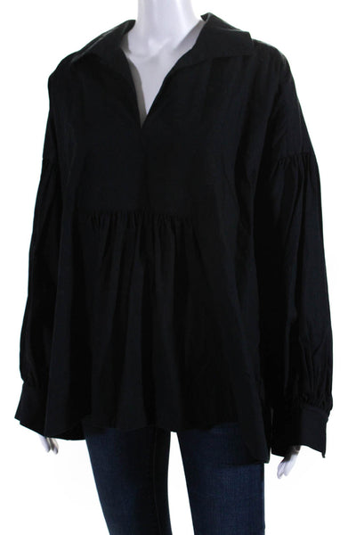 Lee Mathews Womens Cotton Collar Long Sleeve Babydoll Blouse Top Navy Size 2