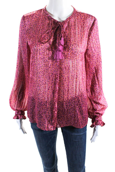 Derek Lam 10 Crosby Womens Metallic Floral V Neck Long Sleeve Blouse Pink Size 2