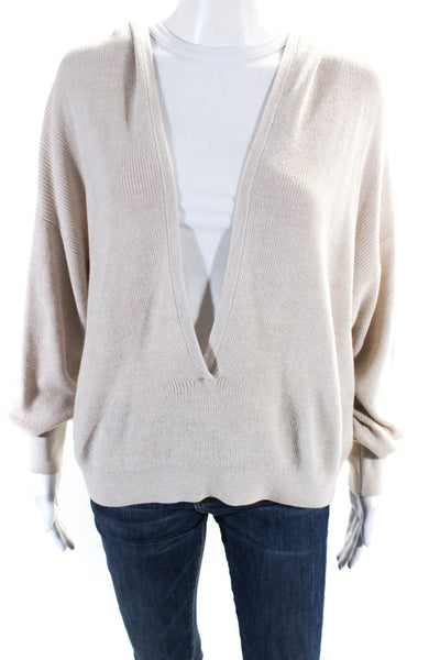 Intermix Womens Cotton V Neck Relaxed Fit Hooded Knit Top Beige Size M