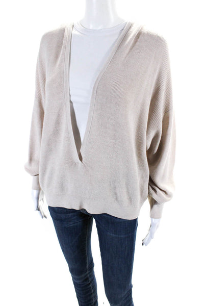 Intermix Womens Cotton V Neck Relaxed Fit Hooded Knit Top Beige Size M