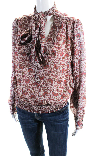 Ramy Brook Womens Silk Paisley Print V Neck Tie Collar Blouse Pink Size M