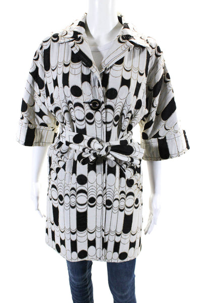 Trina Turk Womens Metallic Abstract Print Belted Button Up Jacket White Size 4