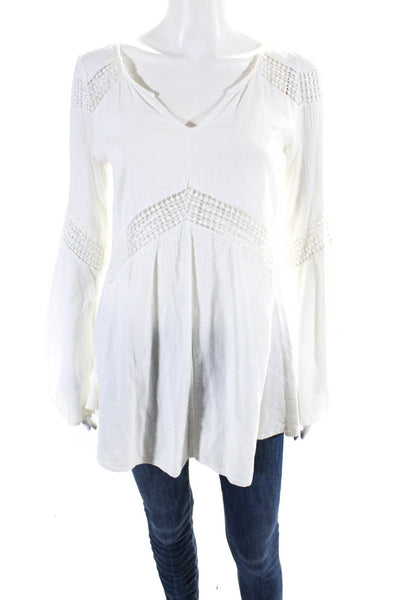 L Space Womens Off White Cotton V-Neck Textured Long Sleeve Blouse Top Size S/M