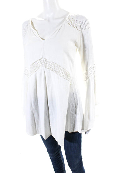 L Space Womens Off White Cotton V-Neck Textured Long Sleeve Blouse Top Size S/M