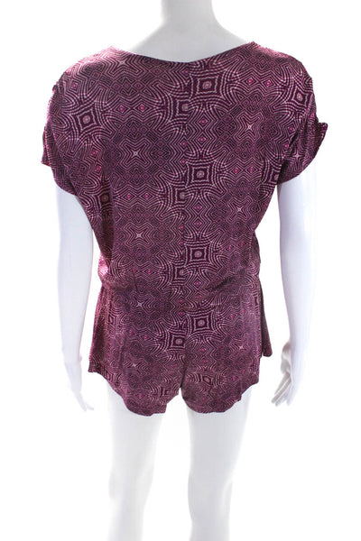 Alexis Womens Geometric Print V-Neck Short Sleeve Zip Up Romper Purple Size M