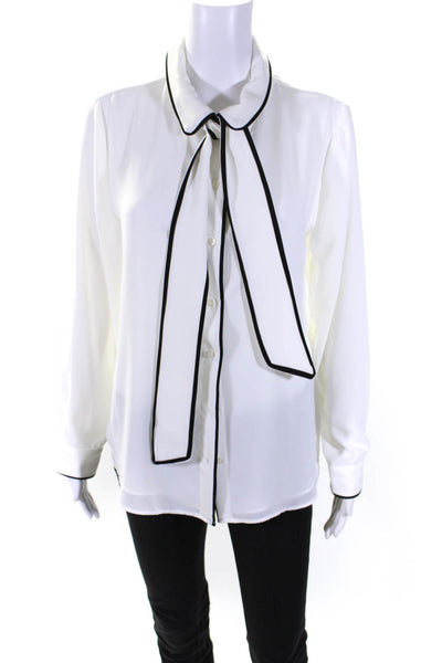 DKNY Womens Tie Neck Button Down Blouse White Black Size Petite Large
