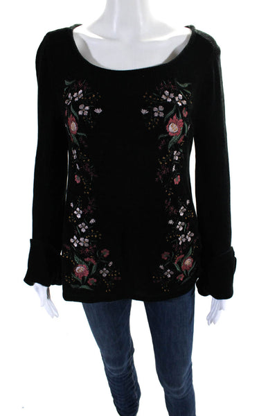 Cupcakes And Cashmere Womens Floral Embroidered Bell Sleeve Sweater Black Size S