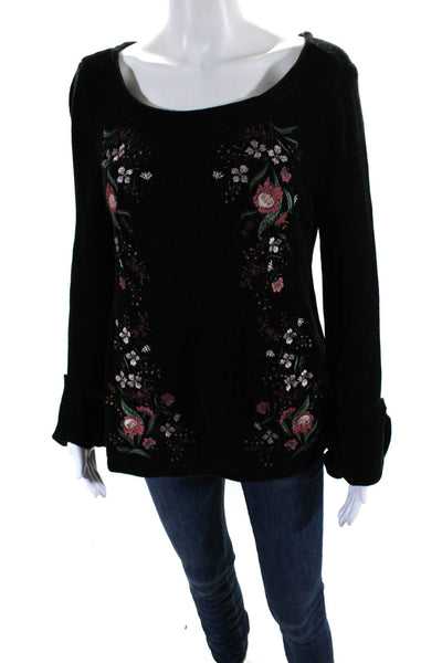 Cupcakes And Cashmere Womens Floral Embroidered Bell Sleeve Sweater Black Size S