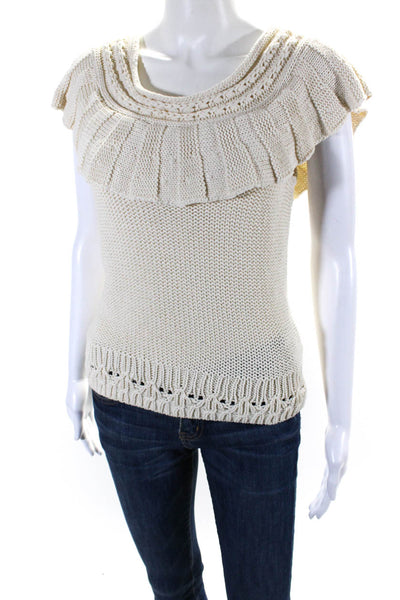 Anthropologie Womens Cotton Knitted Ruffled Sleeveless Blouse Cream Size S