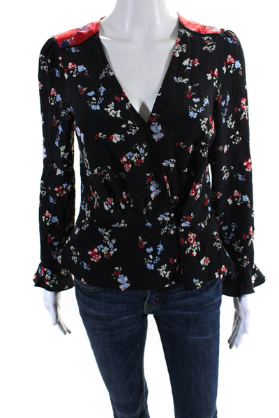 Tanya Taylor Womens Silk Chiffon Floral Print V-Neck Peplum Blouse Black Size 4