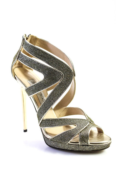 Jimmy Choo Women's Open Toe Strappy Glitter Stiletto Sandals Gold Size 8