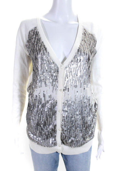 Haute Hippie Womens Cotton Sequined Textured Buttoned Cardigan White Size XS
